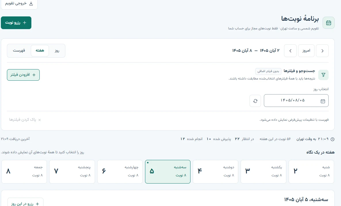 برشی از برنامهٔ نوبت‌ها با نام‌ها و اطلاعات ساختگی